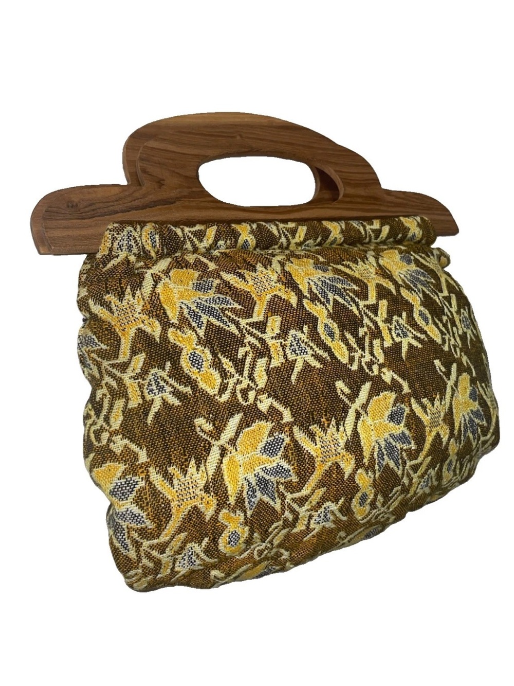 Vintage 1970s India Imports of Rhode Island Woven Tapestry Handbag Wooden Handle